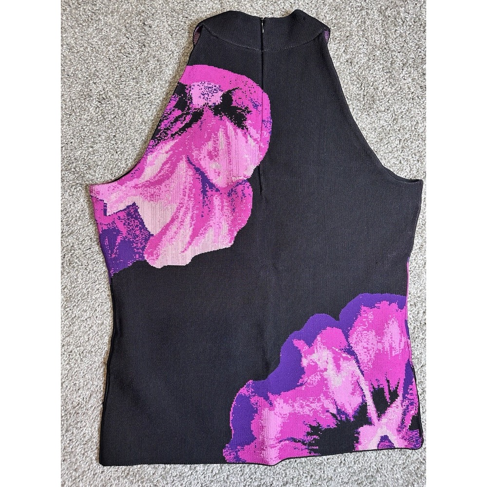 WHBM Floral Jacquard Sweater Tank Top Large NWT Black Pink Mock Neck Knit